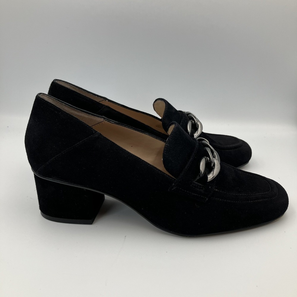 Franco Sarto Womens 6.5 Black Suede Loafer Shoes Layola Chain Detail Block Heel